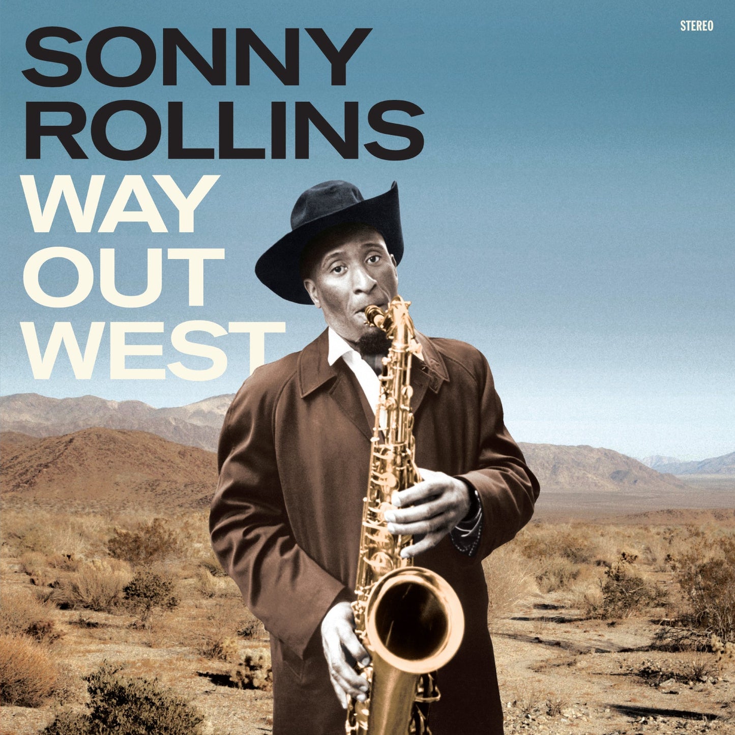 Sonny Rollins in a cowboy hat playing saxophone in a desert landscape.