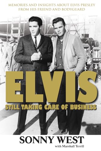 Black and white photo of Elvis Presley and another man on a book cover.
