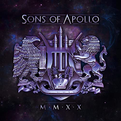 Sons of Apollo album cover featuring a metallic crest with eagle, lion, and instruments.