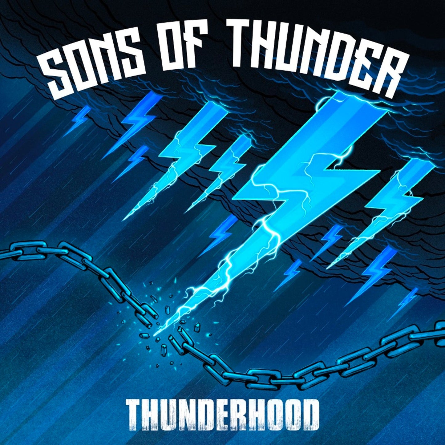 CD cover: blue lightning bolts striking broken chains, text “Sons Of Thunder”.
