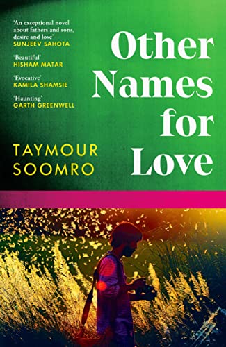 Book cover with green top, pink stripe, and a person standing in tall grass.
