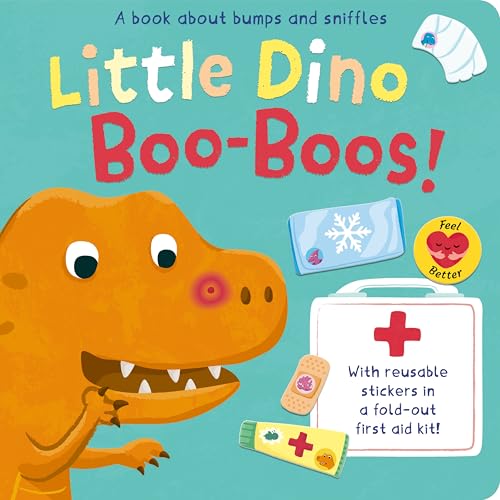 Cover of Little Dino Boo-Boos book featuring an orange dinosaur, stickers, and first-aid kit.