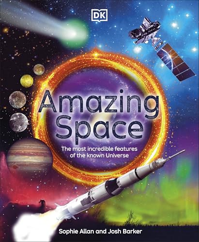 Book cover: “Amazing Space” with planets, a rocket, and a satellite.
