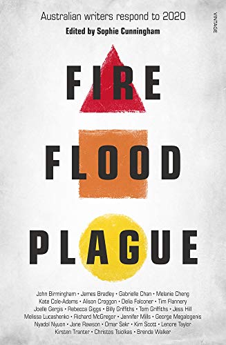 Book cover with red, orange, and yellow shapes above bold text: "Fire Flood Plague".