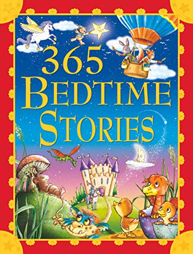 Cover of 365 Bedtime Stories featuring a whimsical night scene with fantasy characters and castle.