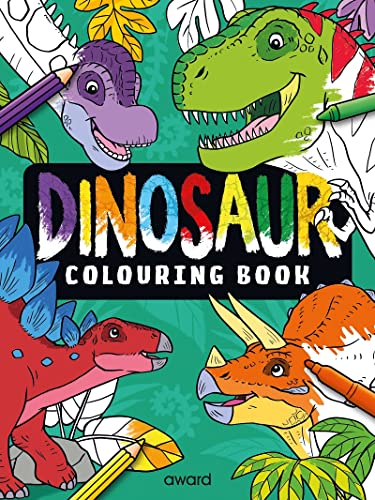 Cover of a dinosaur colouring book featuring illustrations of four dinosaurs being coloured in.