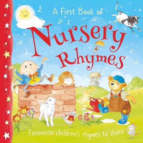 Book cover titled Nursery Rhymes featuring Humpty Dumpty, a teddy bear, and other characters.