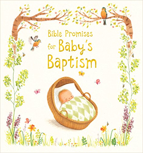 Book cover with baby in basket, floral border, and birds.