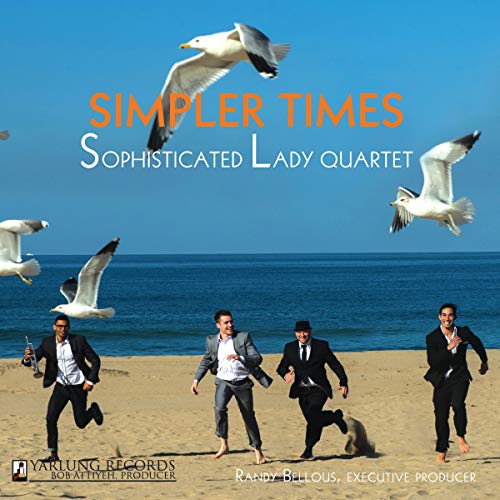 CD cover: seagulls, beach, quartet in suits running from a camera.