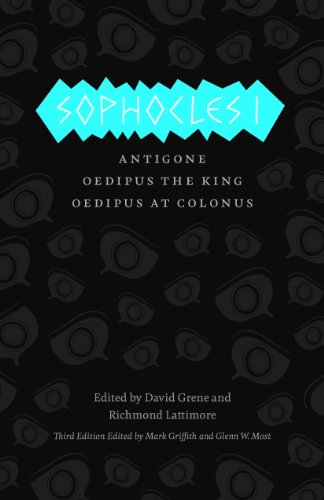 Book cover: “Sophocles I” with teal title and repeating eye pattern.