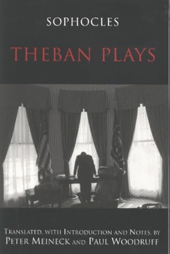 Book cover: "Theban Plays" by Sophocles, with a shadowy figure inside a room.