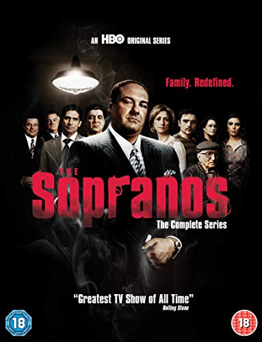 The Sopranos" DVD cover featuring Tony Soprano and ensemble cast in dark tones.