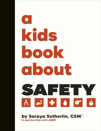 Book cover with red text reading "a kids book about SAFETY" and safety icons.