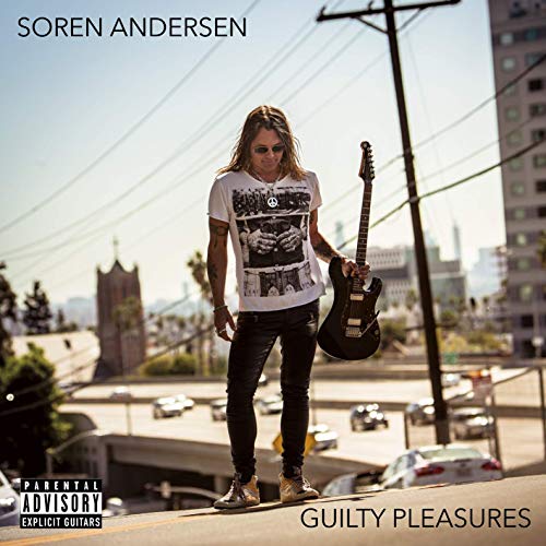 Man with guitar standing on a city overpass, album cover.