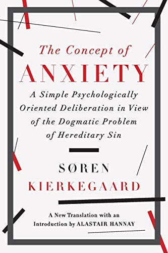 Book cover: “The Concept of Anxiety” by Søren Kierkegaard, red and black design.