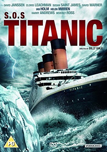DVD cover art for S.O.S. Titanic showing the ship sailing near a large iceberg.