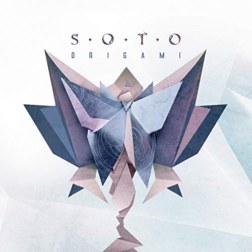 An abstract origami design in shades of blue and pink on a white background.