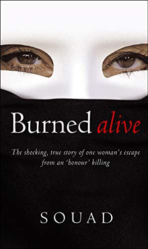 Book cover: close-up of eyes above a black veil, title "Burned alive.