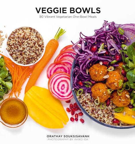 Cookbook cover featuring colorful vegetarian bowls with grains, vegetables, and sauce.