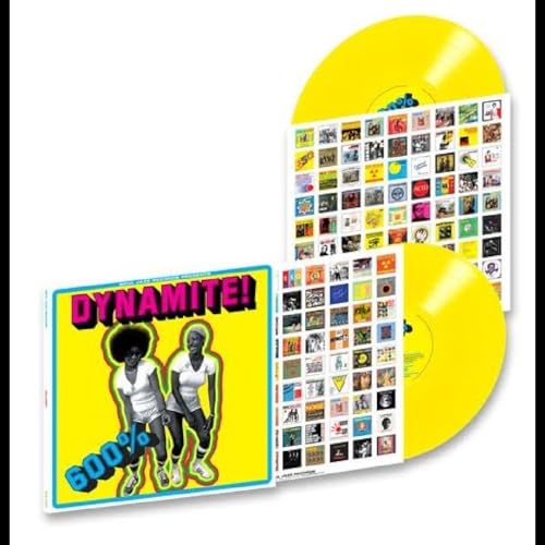 Yellow vinyl record with colorful album cover featuring portrait collage.