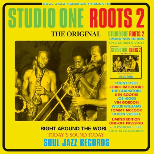 Album cover for "Studio One Roots 2" featuring three musicians with brass instruments.