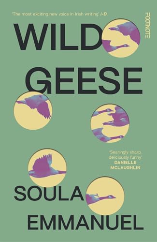Book cover for Wild Geese by Soula Emmanuel featuring green background and flying geese circles.