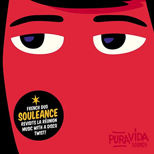 Red face with large white eyes and text within a black circle.