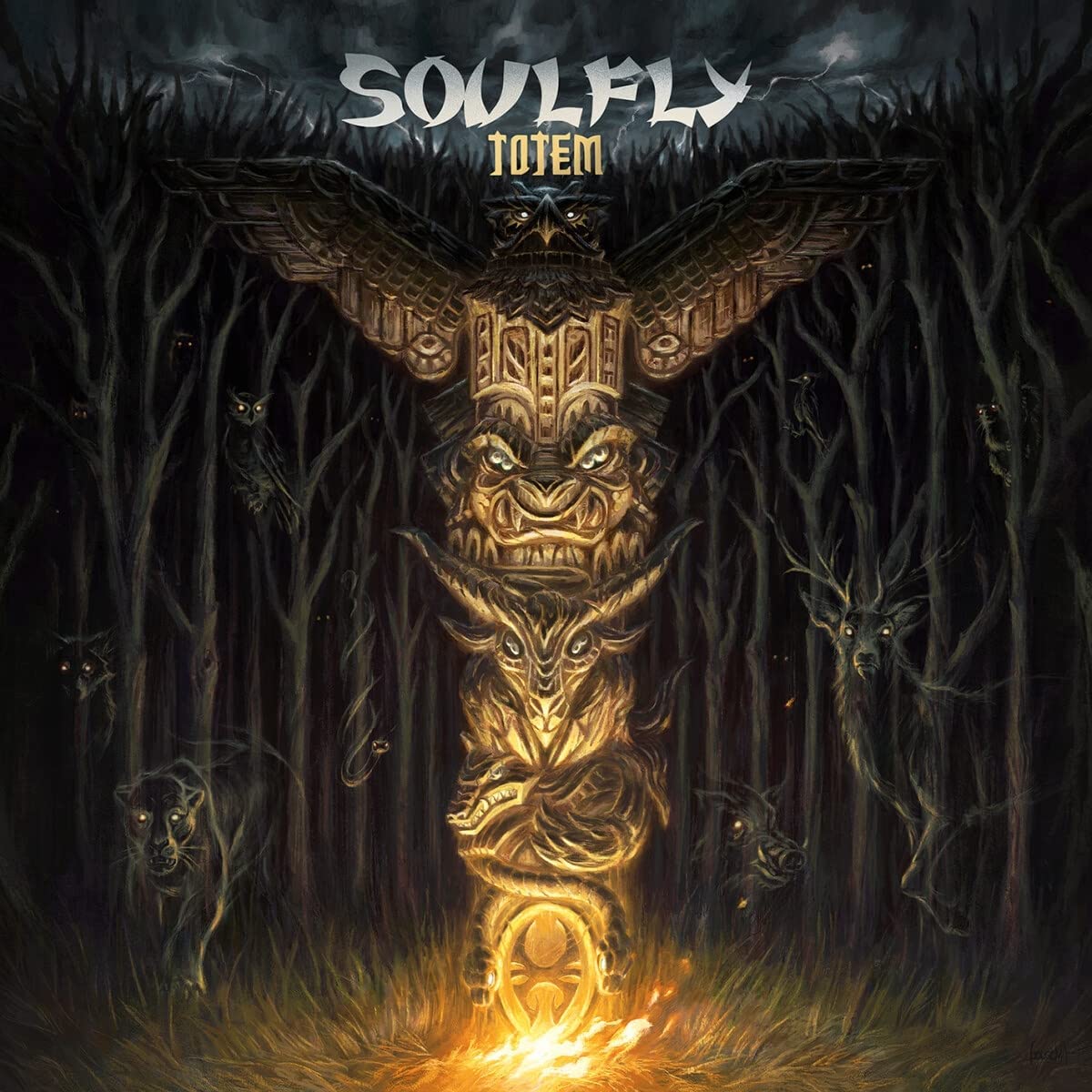 "Album cover art featuring a totem pole in a dark forest with glowing eyes."