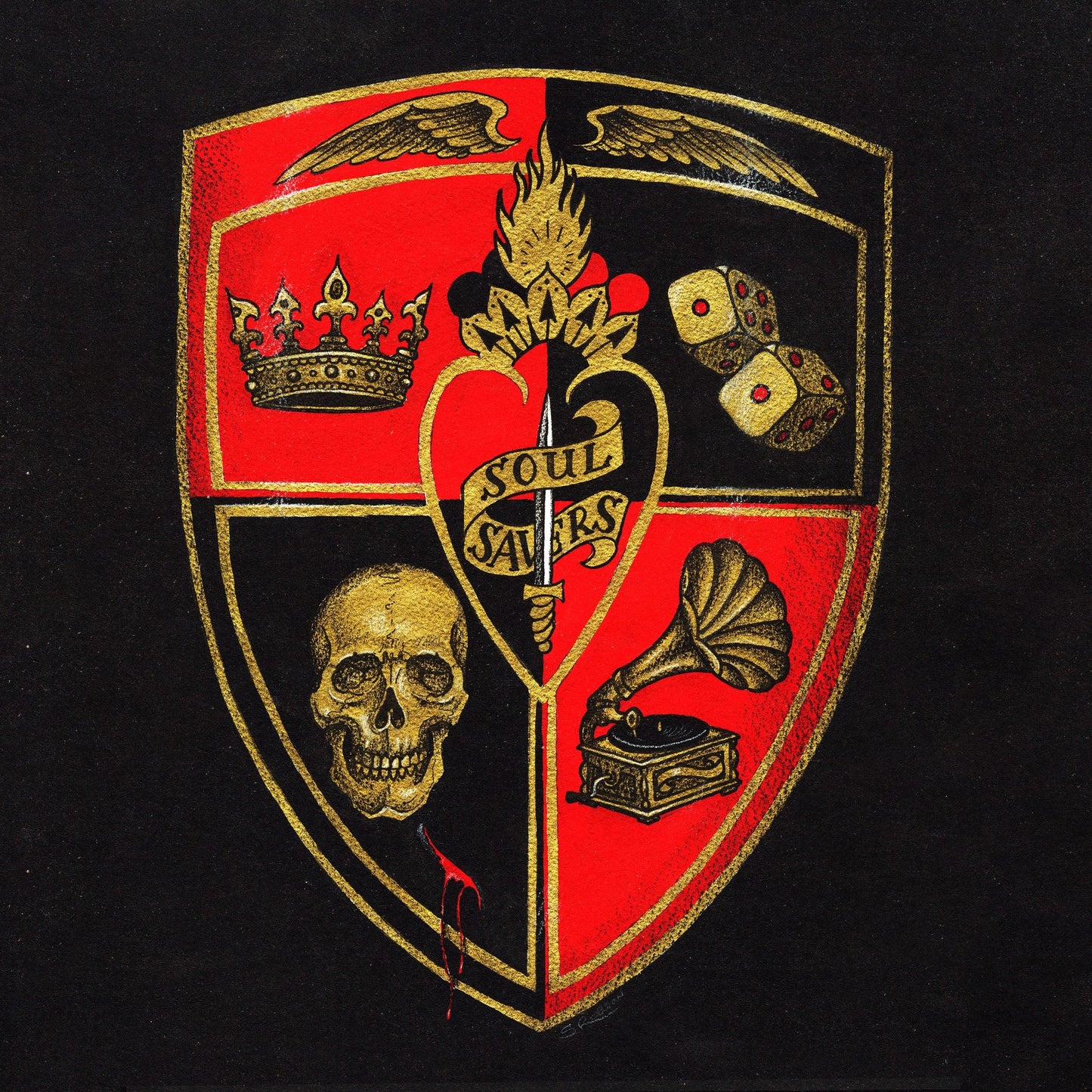 Gold and red shield with skull, heart, crown, and musical imagery.