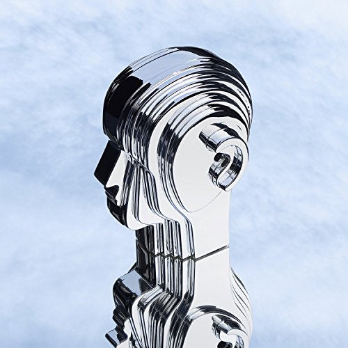 Silver, fragmented human head against a pale blue, textured background.