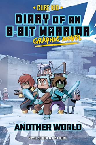 Graphic novel cover: pixelated characters stand ready for adventure in a snowy landscape.