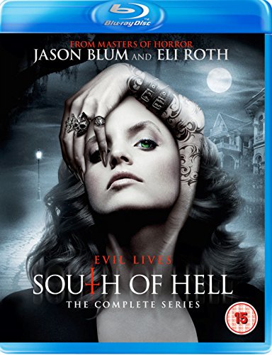Blu-ray cover of "South Of Hell" featuring a woman with tattoos and a full moon.