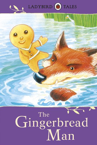 Gingerbread Man running from a fox near water, book cover illustration.