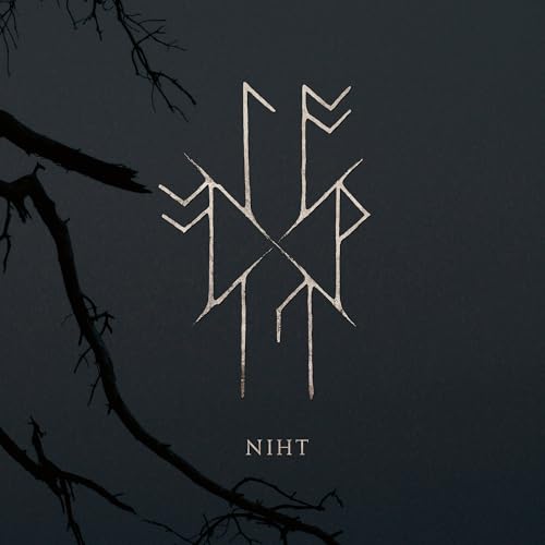 Dark album cover with white runic symbols and bare tree branches.