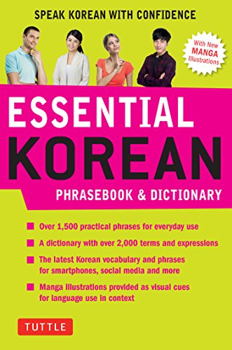 Bright pink and green cover of “Essential Korean Phrasebook & Dictionary” with people.