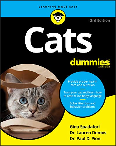 Book cover for "Cats For Dummies," featuring a tabby cat peeking from a bag.