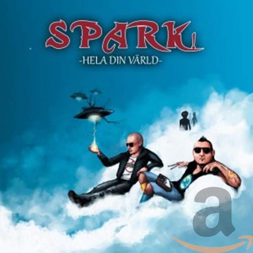 CD cover: three men in suits floating amongst blue clouds and a UFO.