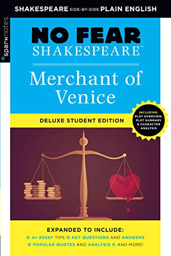 Book cover for No Fear Shakespeare Merchant of Venice featuring a scale balancing coins and heart.