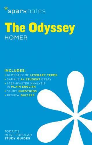 SparkNotes literature guide cover for Homer’s *The Odyssey*, blue background.