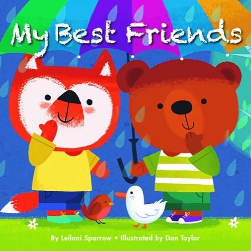 Fox and bear under colorful umbrellas, children’s book cover.