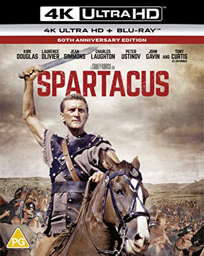 “Spartacus” 4K DVD cover featuring Kirk Douglas as a gladiator on horseback.