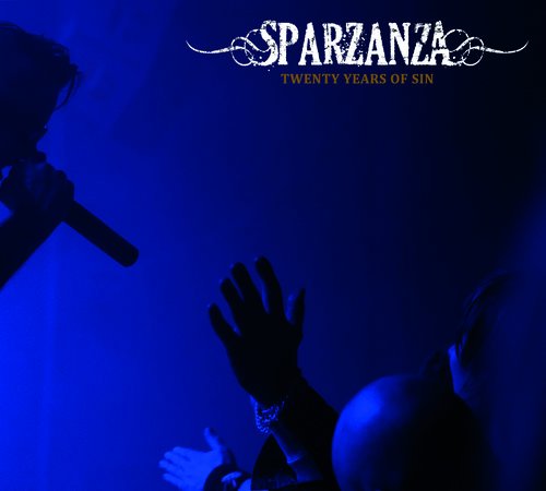 Sparzanza album cover: dark blue image of a performer with raised hand.