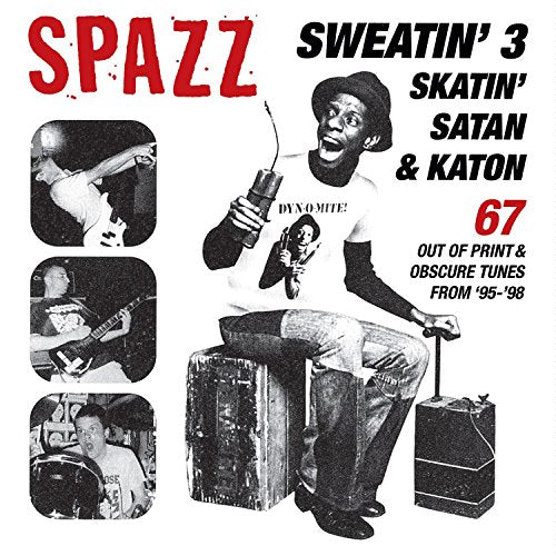 Black and white CD cover for Spazz’s “Sweatin 3” with band photos.