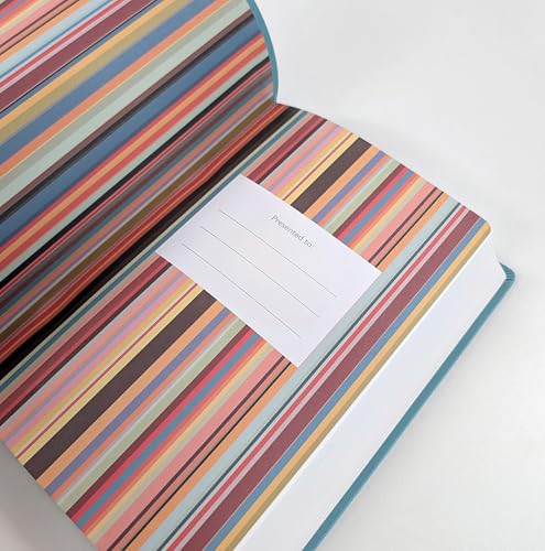 Open Bible showing a multicolored striped endpaper with a "Presented to" label.