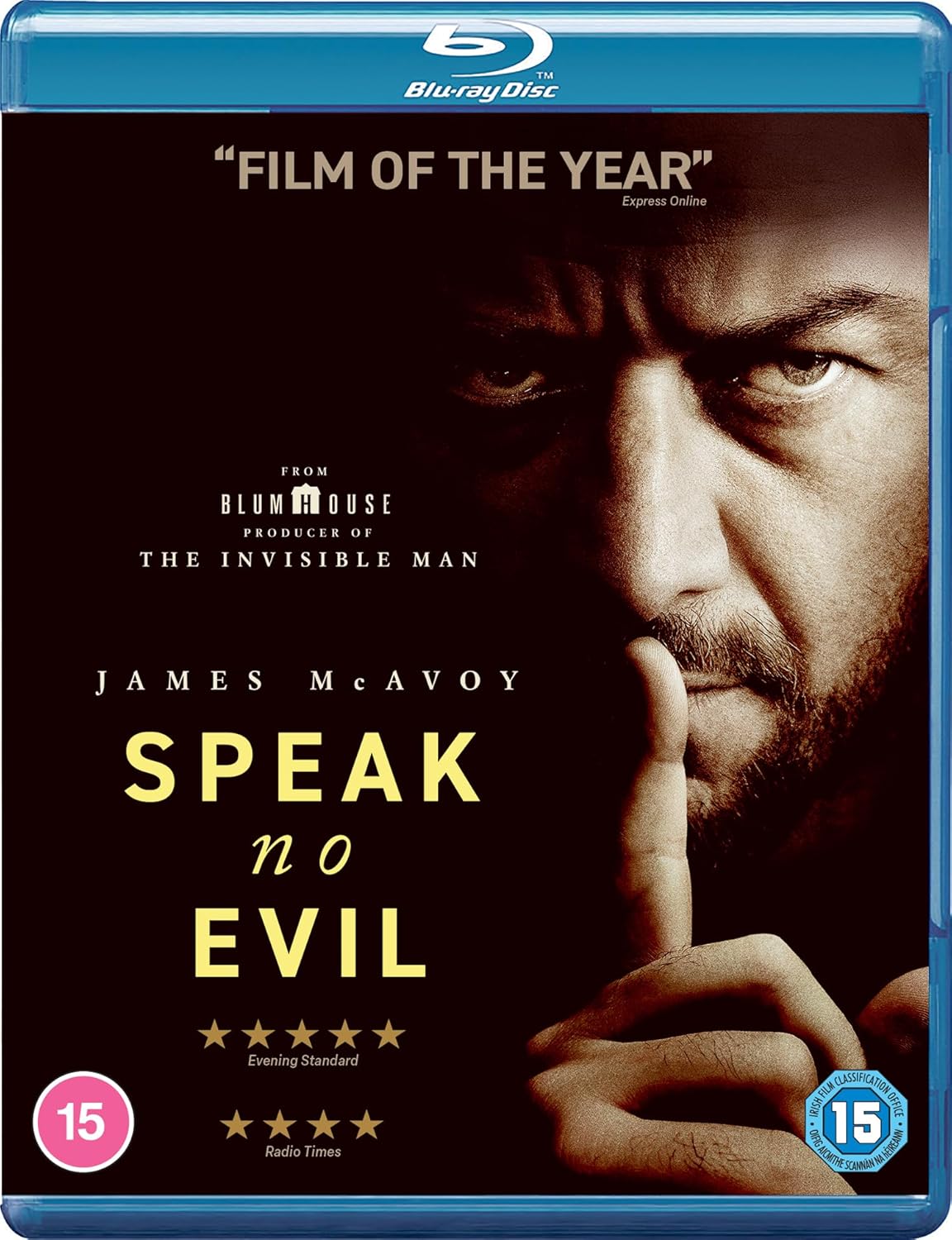 Blu-ray cover for horror film "Speak No Evil" featuring a distressed face.
