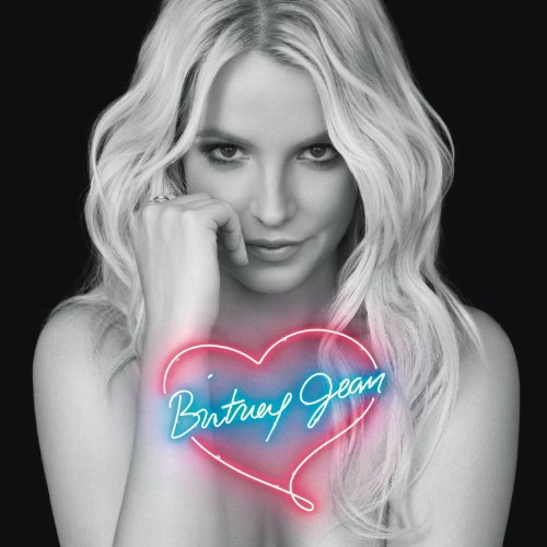 Black and white portrait of Britney Spears with a neon heart graphic.
