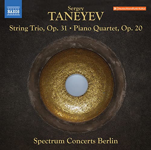 CD cover for Taneyev’s String Trio and Piano Quartet, dark background.