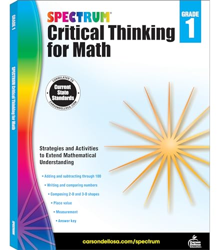 Cover of Spectrum Critical Thinking for Math Grade 1 workbook with yellow sunburst graphic.