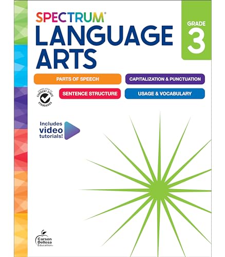 Spectrum Language Arts Grade 3 workbook cover with a colorful geometric side border.