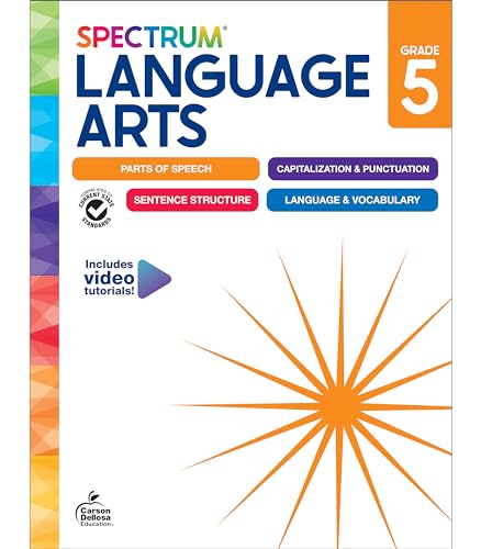 Spectrum Language Arts workbook, Grade 5, with colorful geometric design.